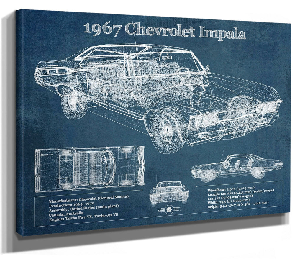 14" x 11" / Stretched Canvas Wrap Cutler West 1967 Chevrolet Impala Blueprint Vintage Auto Print