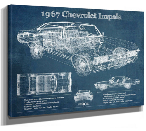 14" x 11" / Stretched Canvas Wrap Cutler West 1967 Chevrolet Impala Blueprint Vintage Auto Print