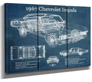 36" x 24" / 3 Panel Canvas Wrap Cutler West 1967 Chevrolet Impala Blueprint Vintage Auto Print