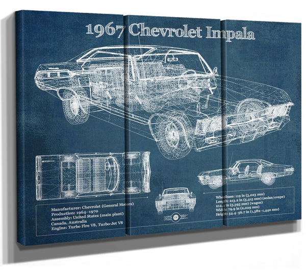 36" x 24" / 3 Panel Canvas Wrap Cutler West 1967 Chevrolet Impala Blueprint Vintage Auto Print