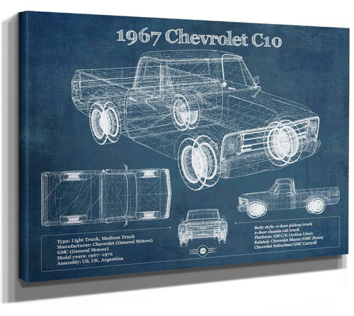 14" x 11" / Stretched Canvas Wrap Cutler West 1967 Chevy C10 Shortbed Vintage Blueprint Truck Print