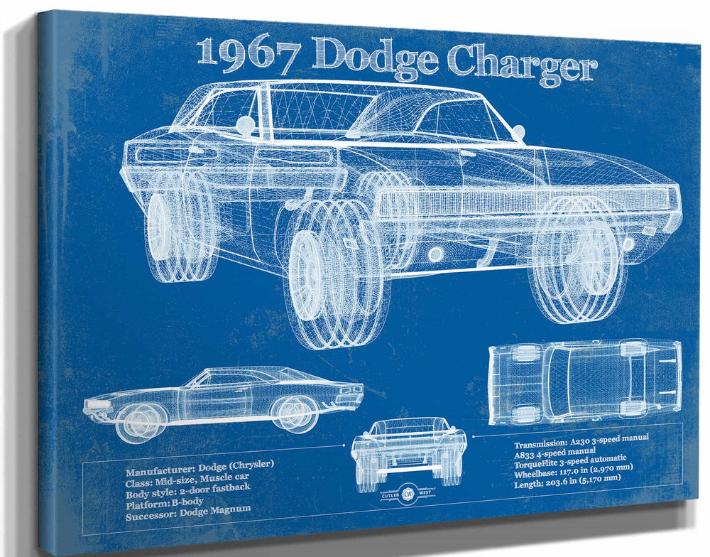 14" x 11" / Stretched Canvas Wrap Cutler West 1967 Dodge Charger Vintage Blueprint Auto Print