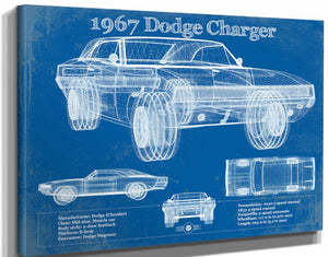 14" x 11" / Stretched Canvas Wrap Cutler West 1967 Dodge Charger Vintage Blueprint Auto Print