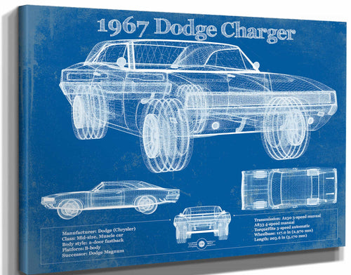 14" x 11" / Stretched Canvas Wrap Cutler West 1967 Dodge Charger Vintage Blueprint Auto Print