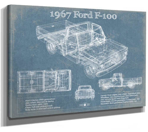 14" x 11" / Stretched Canvas Wrap Cutler West 1967 Ford F-100 Vintage Blueprint Auto Print