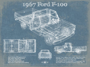 14" x 11" / Unframed Cutler West 1967 Ford F-100 Vintage Blueprint Auto Print