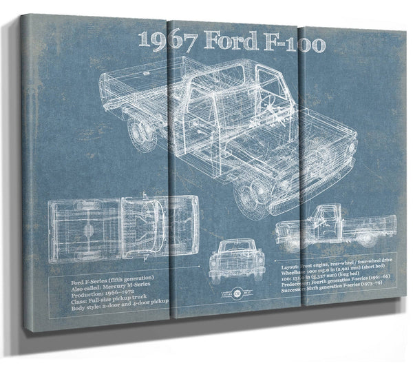 36" x 24" / 3 Panel Canvas Wrap Cutler West 1967 Ford F-100 Vintage Blueprint Auto Print