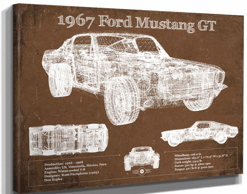 14" x 11" / Stretched Canvas Wrap Cutler West 1967 Ford Mustang GT Blueprint Vintage Auto Print