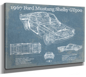 14" x 11" / Stretched Canvas Wrap Cutler West 1967 Ford Mustang Shelby GT500 Vintage Blueprint Auto Print
