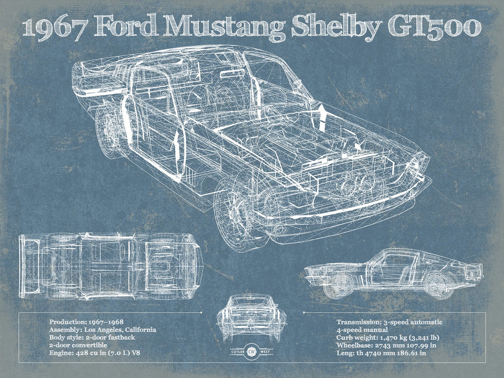 14" x 11" / Stretched Canvas Wrap Cutler West 1967 Ford Mustang Shelby GT500 Vintage Blueprint Auto Print