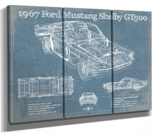 36" x 24" / 3 Panel Canvas Wrap Cutler West 1967 Ford Mustang Shelby GT500 Vintage Blueprint Auto Print