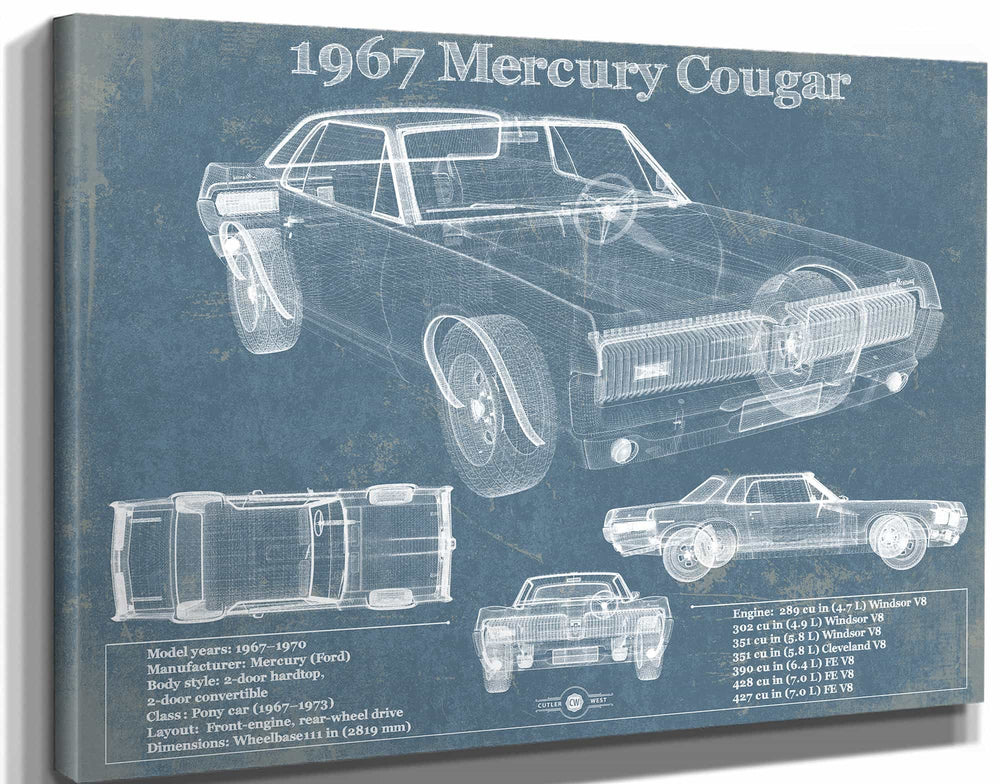 14" x 11" / Stretched Canvas Wrap Cutler West 1967 Mercury Cougar Vintage Blueprint Auto Print