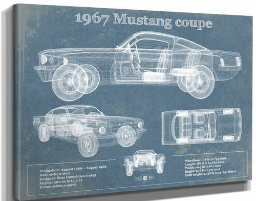 14" x 11" / Stretched Canvas Wrap Cutler West 1967 Mustang coupe Blueprint Vintage Auto Print