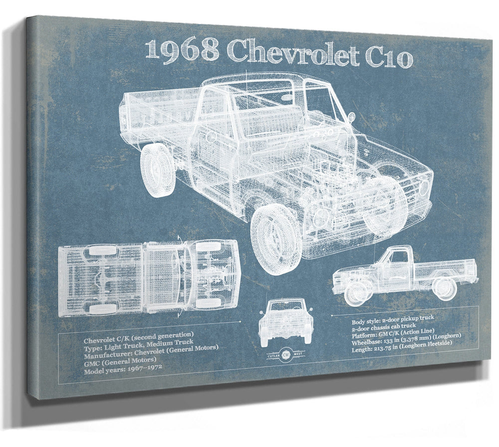 14" x 11" / Stretched Canvas Wrap Cutler West 1968 Chevrolet C10 Pickup Fleet Side Truck Vintage Blueprint