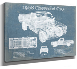14" x 11" / Stretched Canvas Wrap Cutler West 1968 Chevrolet C10 Pickup Fleet Side Truck Vintage Blueprint