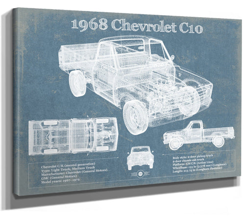 14" x 11" / Stretched Canvas Wrap Cutler West 1968 Chevrolet C10 Pickup Fleet Side Truck Vintage Blueprint