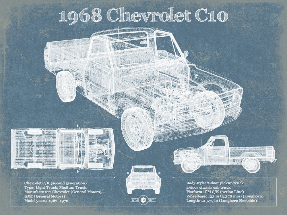 14" x 11" / Stretched Canvas Wrap Cutler West 1968 Chevrolet C10 Pickup Fleet Side Truck Vintage Blueprint