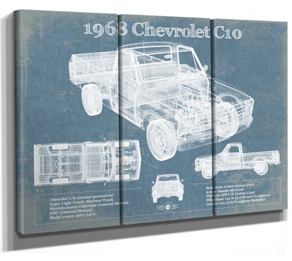 36" x 24" / 3 Panel Canvas Wrap Cutler West 1968 Chevrolet C10 Pickup Fleet Side Truck Vintage Blueprint