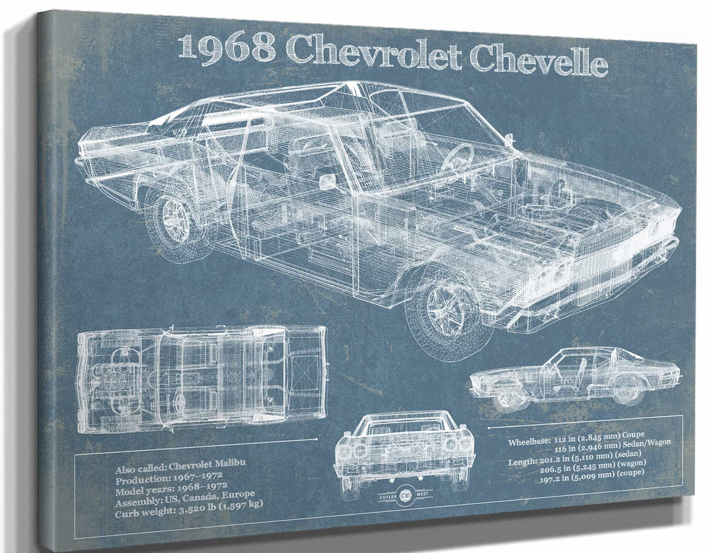 14" x 11" / Stretched Canvas Wrap Cutler West 1968 Chevrolet Chevelle Original Blueprint Art