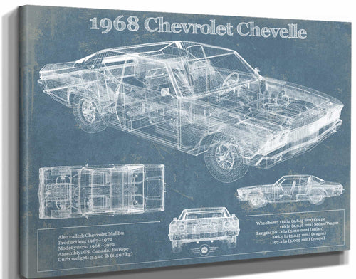 14" x 11" / Stretched Canvas Wrap Cutler West 1968 Chevrolet Chevelle Original Blueprint Art