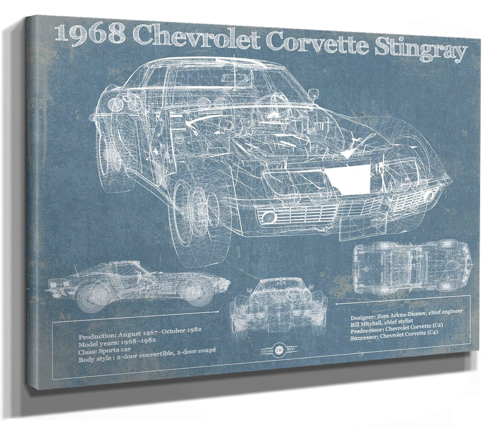 14" x 11" / Stretched Canvas Wrap Cutler West 1968 Chevrolet Corvette Stingray Blueprint Vintage Auto Print