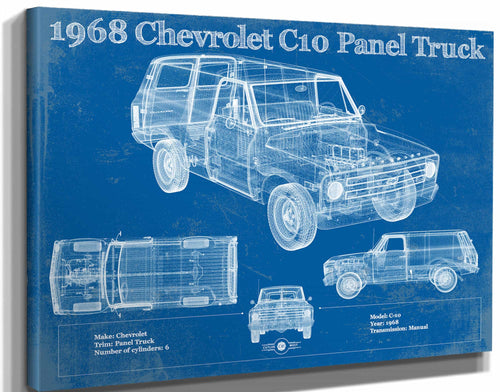 14" x 11" / Stretched Canvas Wrap Cutler West 1968 Chevy C10 Pickup Panel Truck Vintage Blueprint