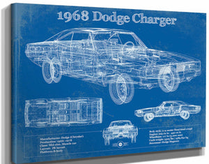 14" x 11" / Stretched Canvas Wrap Cutler West 1968 Dodge Charger Vintage Blueprint Auto Print