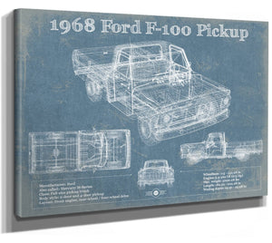 14" x 11" / Stretched Canvas Wrap Cutler West 1968 Ford F-100 Pickup Vintage Blueprint Auto Print