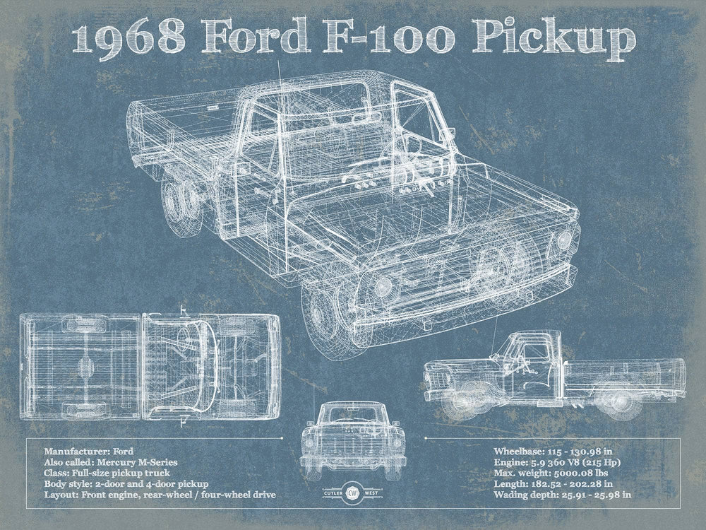 14" x 11" / Stretched Canvas Wrap Cutler West 1968 Ford F-100 Pickup Vintage Blueprint Auto Print