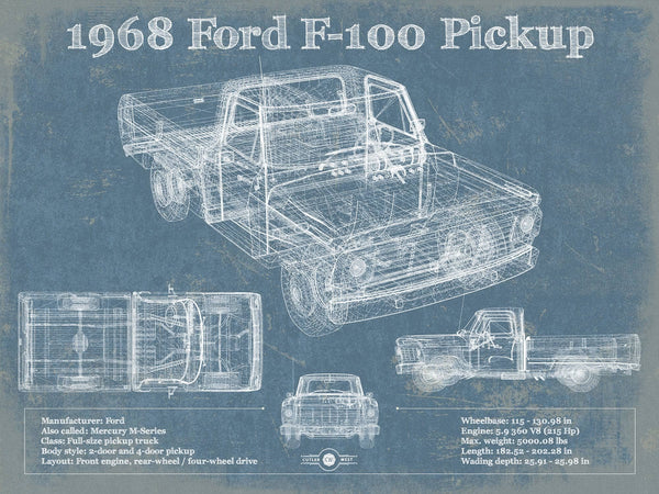 14" x 11" / Unframed Cutler West 1968 Ford F-100 Pickup Vintage Blueprint Auto Print