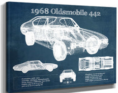 14" x 11" / Stretched Canvas Wrap Cutler West 1968 Oldsmobile 442 Vintage Blueprint Auto Print