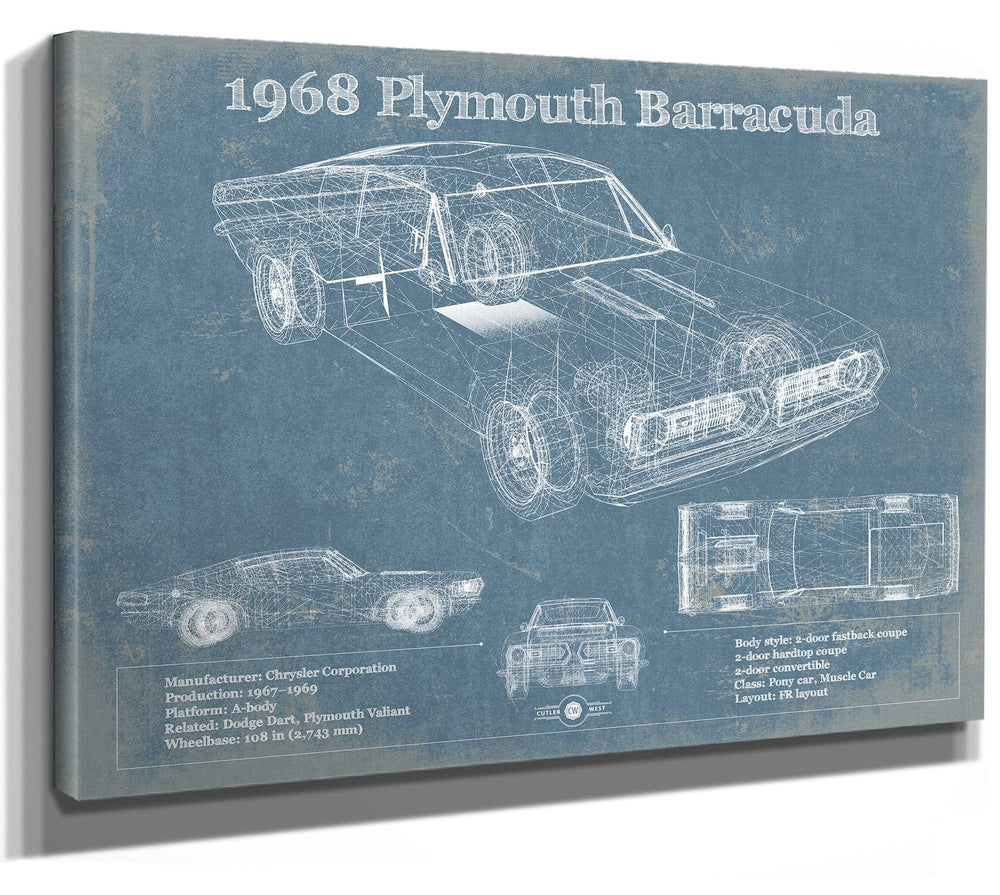 14" x 11" / Stretched Canvas Wrap Cutler West 1968 Plymouth Barracuda Original Blueprint Art