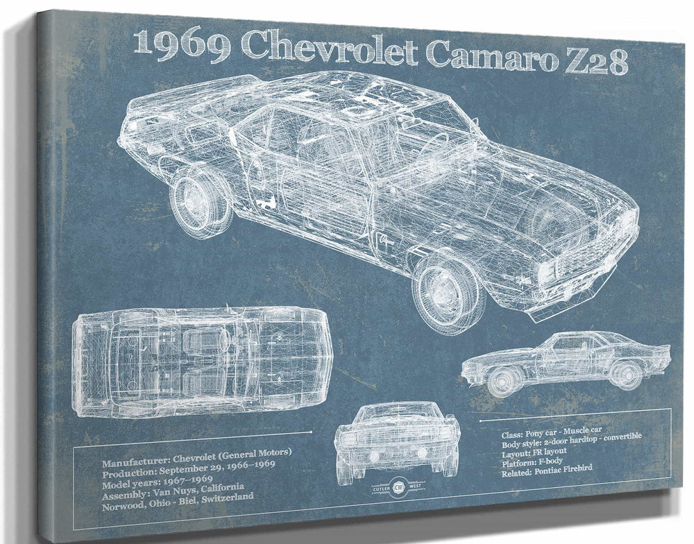 14" x 11" / Stretched Canvas Wrap Cutler West 1969 Chevrolet Camaro Z28 Blueprint Vintage Auto Patent Print