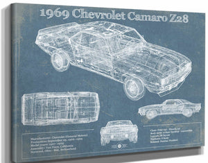 14" x 11" / Stretched Canvas Wrap Cutler West 1969 Chevrolet Camaro Z28 Blueprint Vintage Auto Patent Print