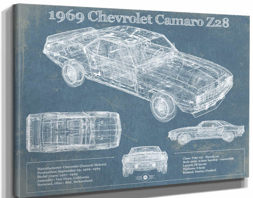14" x 11" / Stretched Canvas Wrap Cutler West 1969 Chevrolet Camaro Z28 Blueprint Vintage Auto Patent Print