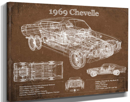 14" x 11" / Stretched Canvas Wrap Cutler West 1969 Chevrolet Chevelle Malibu Original Blueprint Art