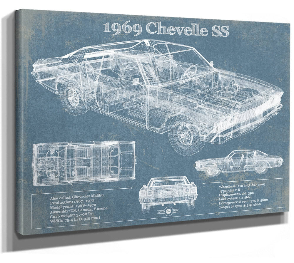 14" x 11" / Stretched Canvas Wrap Cutler West 1969 Chevrolet Chevelle SS Original Blueprint Art
