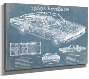 14" x 11" / Stretched Canvas Wrap Cutler West 1969 Chevrolet Chevelle SS Original Blueprint Art
