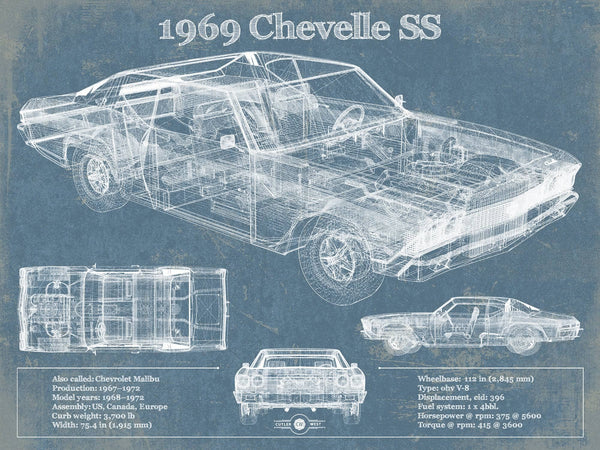 14" x 11" / Unframed Cutler West 1969 Chevrolet Chevelle SS Original Blueprint Art