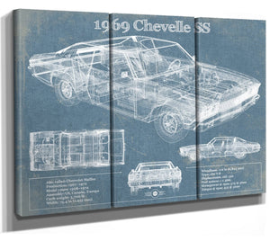36" x 24" / 3 Panel Canvas Wrap Cutler West 1969 Chevrolet Chevelle SS Original Blueprint Art