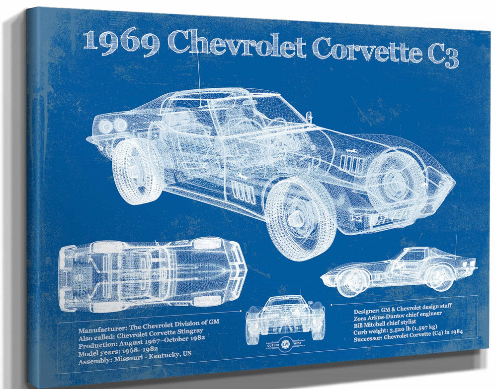 14" x 11" / Stretched Canvas Wrap Cutler West 1969 Chevrolet Corvette C3 Blueprint Vintage Auto Print