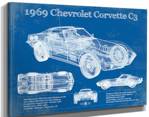 14" x 11" / Stretched Canvas Wrap Cutler West 1969 Chevrolet Corvette C3 Blueprint Vintage Auto Print