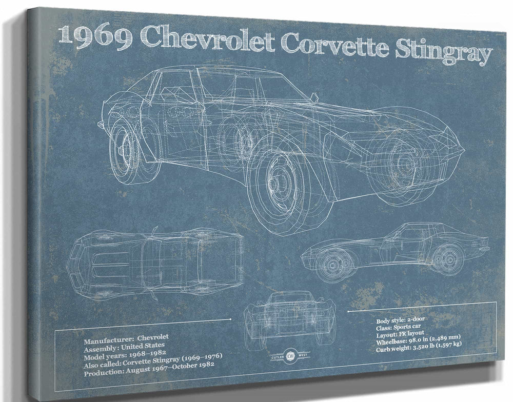 14" x 11" / Stretched Canvas Wrap Cutler West 1969 Chevrolet Corvette Stingray Vintage Blueprint Auto Print