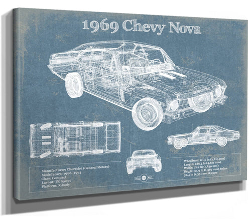 14" x 11" / Stretched Canvas Wrap Cutler West 1969 Chevrolet Nova SS Blueprint Vintage Auto Patent Print