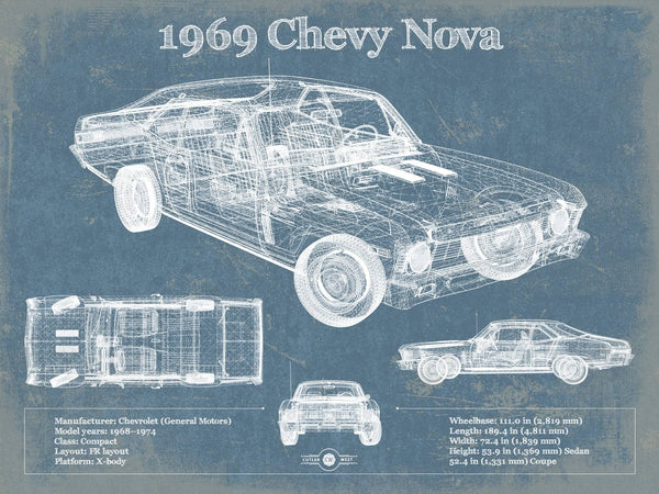 14" x 11" / Unframed Cutler West 1969 Chevrolet Nova SS Blueprint Vintage Auto Patent Print