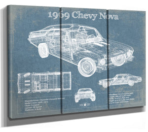 36" x 24" / 3 Panel Canvas Wrap Cutler West 1969 Chevrolet Nova SS Blueprint Vintage Auto Patent Print