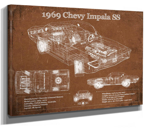 14" x 11" / Stretched Canvas Wrap Cutler West 1969 Chevy Impala SS Vintage Blueprint Auto Print