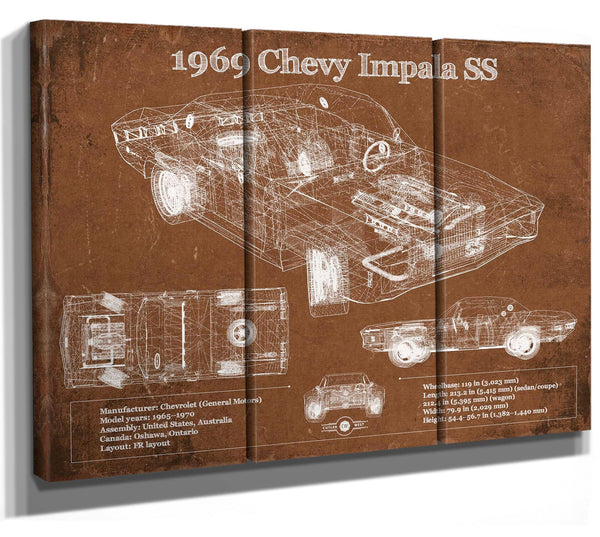 36" x 24" / 3 Panel Canvas Wrap Cutler West 1969 Chevy Impala SS Vintage Blueprint Auto Print