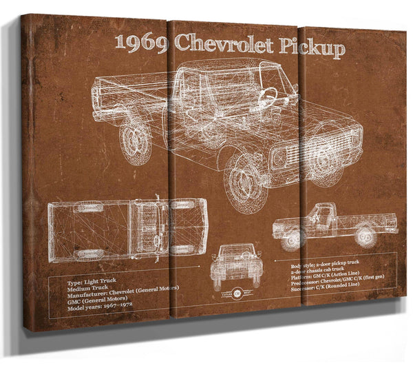 36" x 24" / 3 Panel Canvas Wrap Cutler West 1969 Chevy Shortbox Pickup Vintage Blueprint Auto Print
