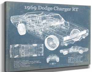 14" x 11" / Stretched Canvas Wrap Cutler West 1969 Dodge Charger R/T Blueprint Vintage Auto Print